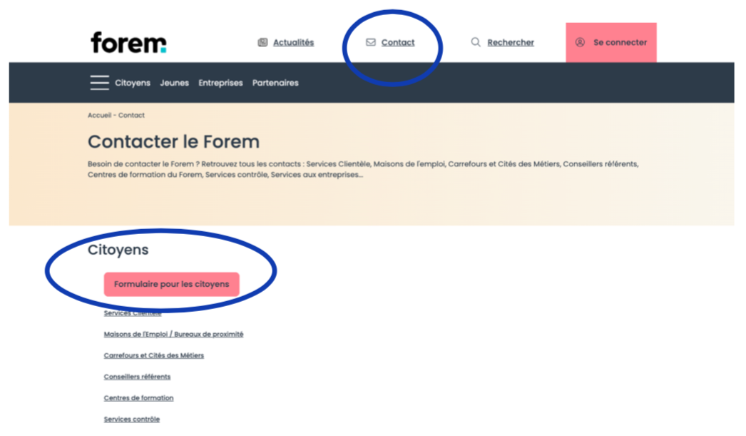 Capture d'écran de la page du site du Forem qui vous permet de contacter un conseiller du Forem en ligne.