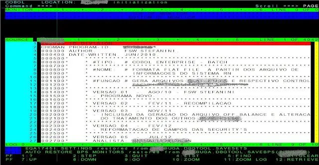 Figura 1: Tela do Debug Tool no mainframe z/OS mostrando arquivos de configuração e breakpoints alocados