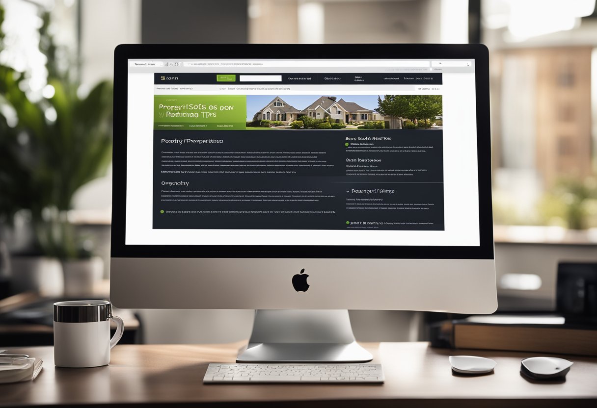 A computer screen with a real estate website open, showing a search bar, property listings, and SEO optimization tips