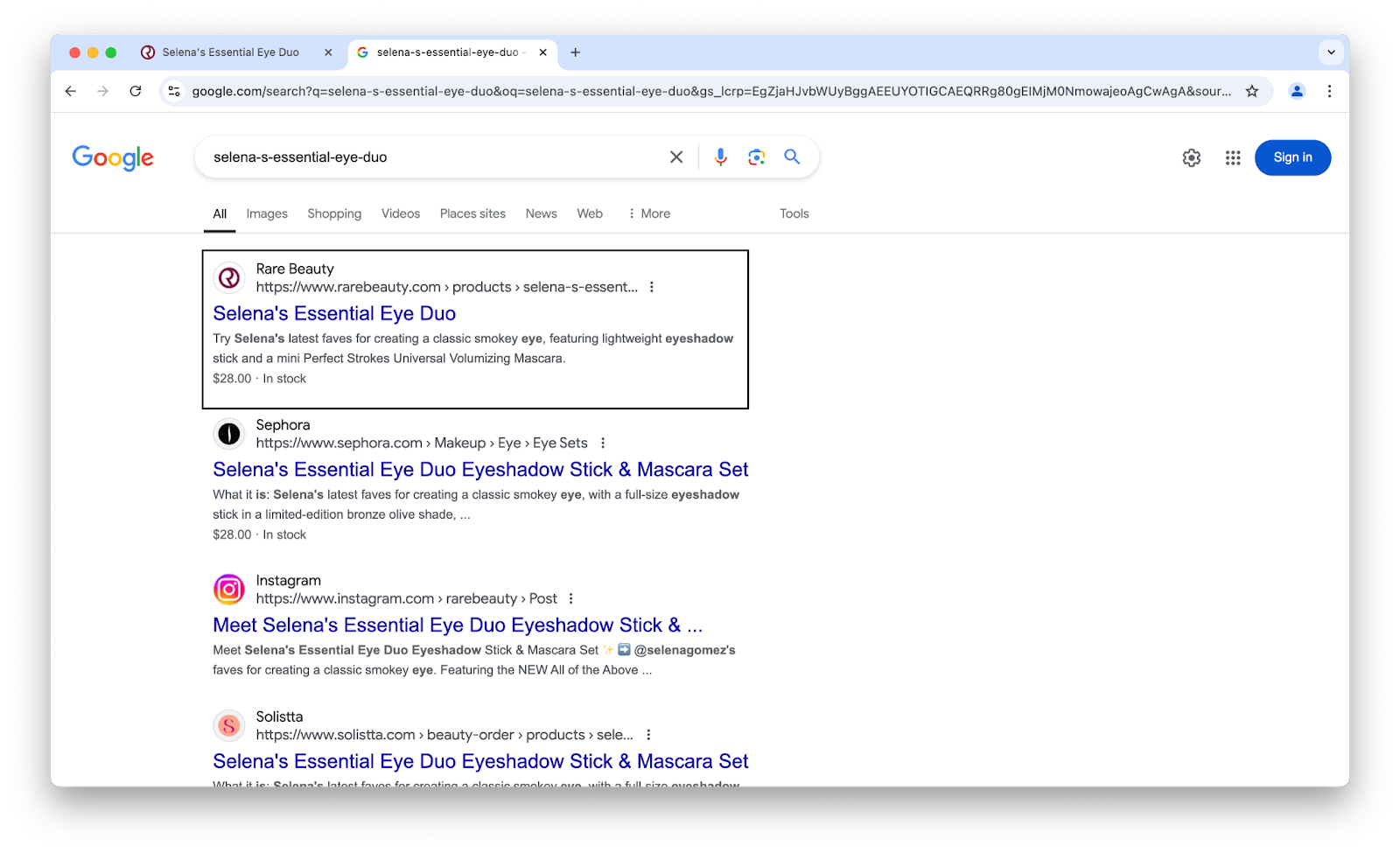 Image of Rare Beauty's SERP page about an eye shade.