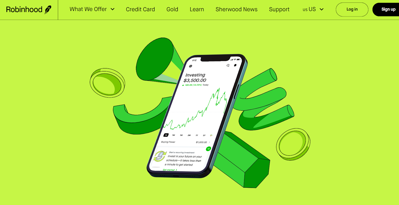 The Robinhood app displaying an investment account and stock chart on a cell phone. 