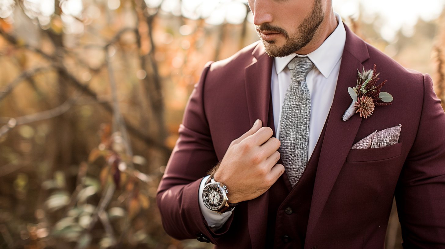 A man wearing a tailored burgundy wedding suit, styled with a crisp white shirt, soft gray tie, and dark brown dress shoes. The suit is rich and refined, set in a romantic fall wedding setting. Accessories include a subtle pocket square and a sleek watch. Elegant, bold, and confident--standing out without stealing attention.