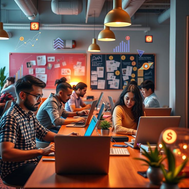 This contains an image of  several people looking at their laptops in an office 