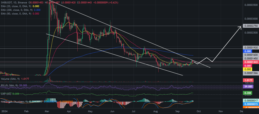 SHIB/USDT 1D chart, falling wedge pattern. Source: Binance.