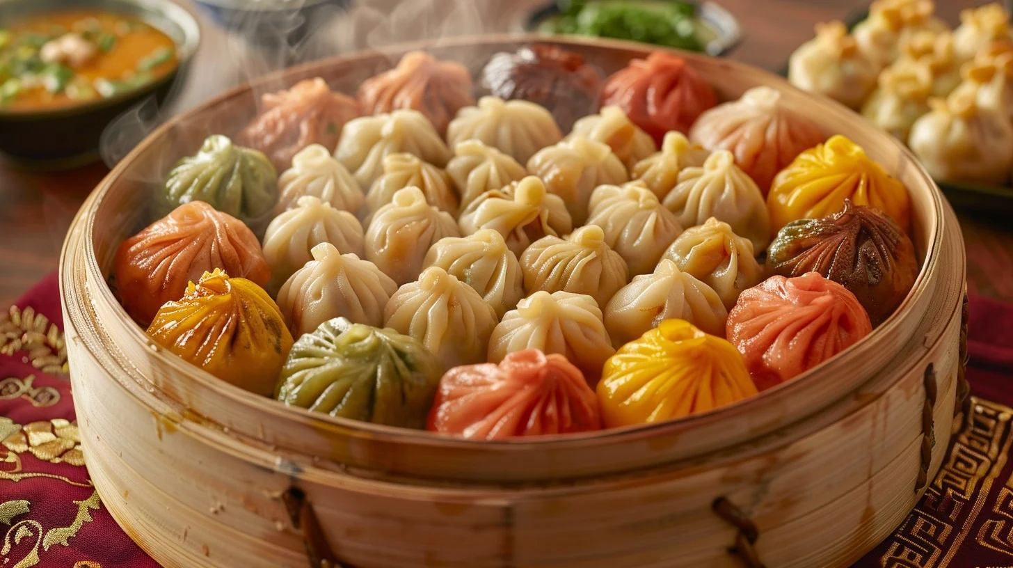 This captivating image features a traditional bamboo steamer brimming with an assortment of beautifully crafted dumplings. Each dumpling is meticulously shaped and presents a different color, hinting at the variety of fillings inside, from savory meats to rich vegetables and spices. The steam rising gently from the container adds a warm, inviting aroma, setting the scene for a delightful culinary experience. This picture not only showcases a feast for the eyes but also promises a tantalizing treat for the taste buds, perfect for sharing among friends and family during a festive or special occasion.