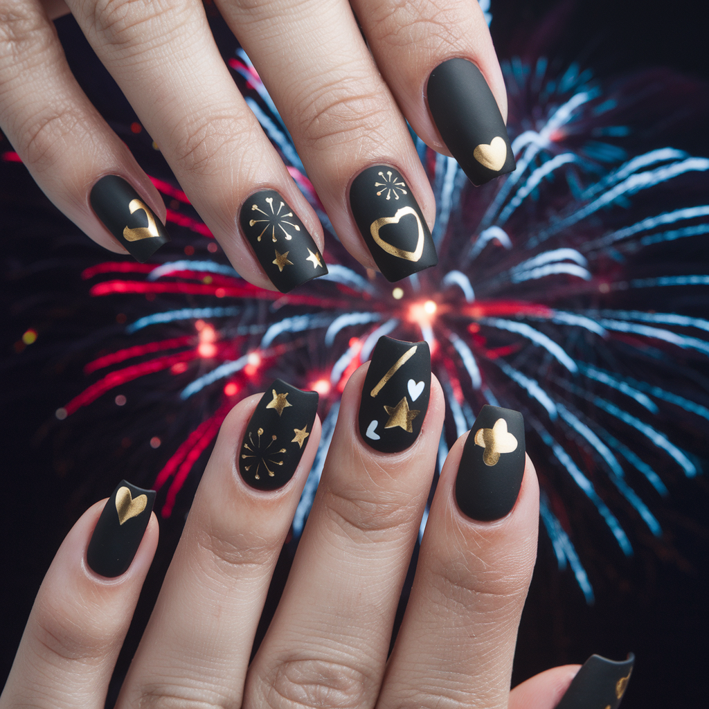 Unhas foscas pretas com detalhes metálicos dourados e fogos de artifício ao fundo.