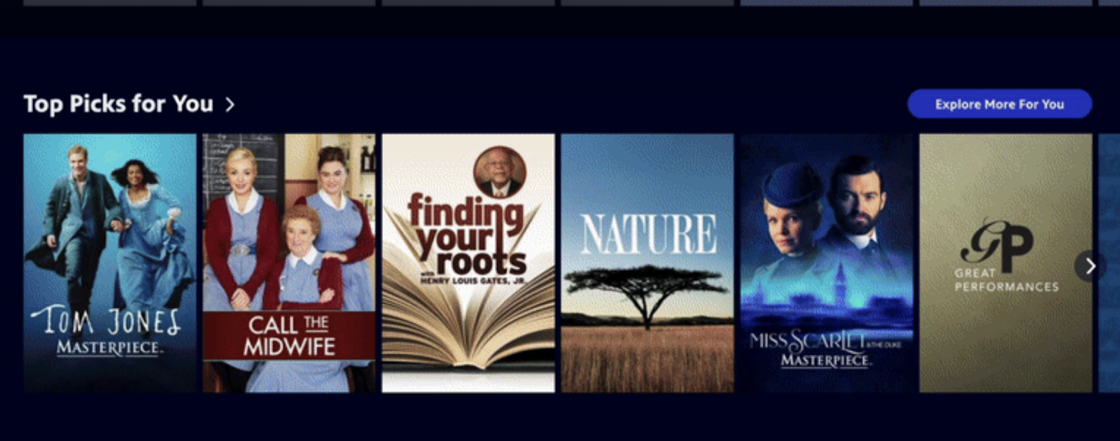 A row from PBS’s recommendation engine on the app, which uses AI and was built by the PBS Product Teams.