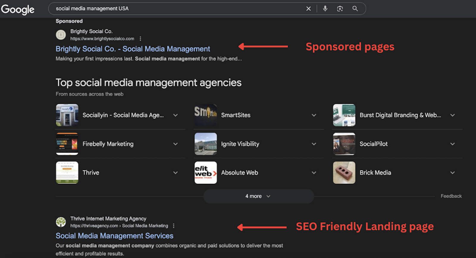 Screenshot showing a sponsored page and a SEO friendly landing page that appears below sponsored ads 