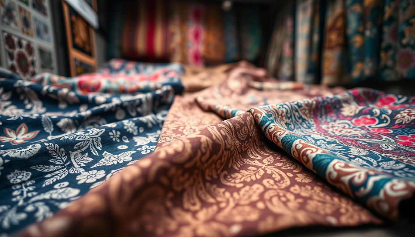 A well-lit, close-up photograph showcasing an array of authentic Malaysian batik fabrics, captured with a high-resolution camera and a shallow depth of field. The foreground features several batik samples of varying patterns and colors, displayed on a neutral-toned background that allows the intricate designs to shine. The middle ground showcases the rich textures and subtle variations in the wax-resist dyeing techniques, while the background hints at the cultural heritage and traditional craftsmanship behind this iconic art form. The lighting is soft and diffused, creating a sense of warmth and highlighting the depth and vibrancy of the batik colors. The overall mood is one of reverence and appreciation for the artistry and quality of Malaysian batik.
