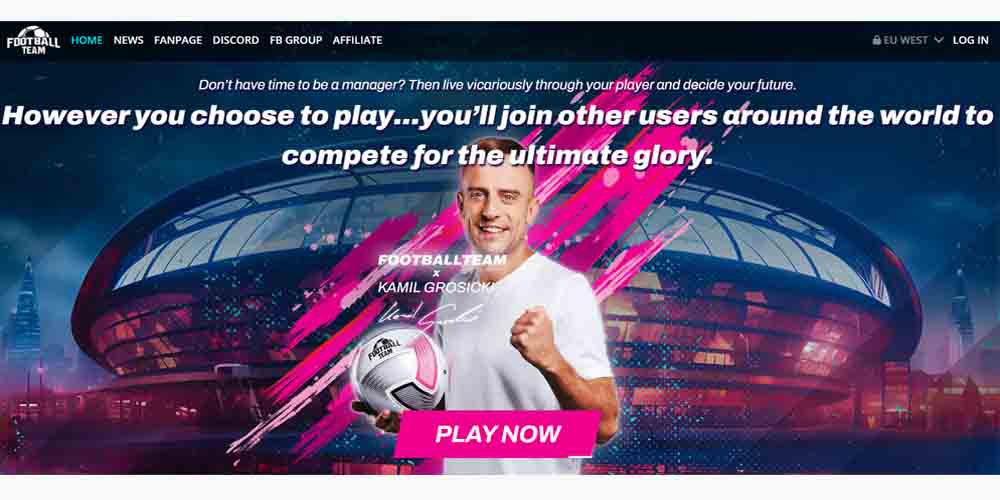 A promotional banner for an online football game featuring Kamil Grosicki, with a futuristic stadium in the background, bold text inviting users to compete globally, and a "Play Now" button in bright pink.
