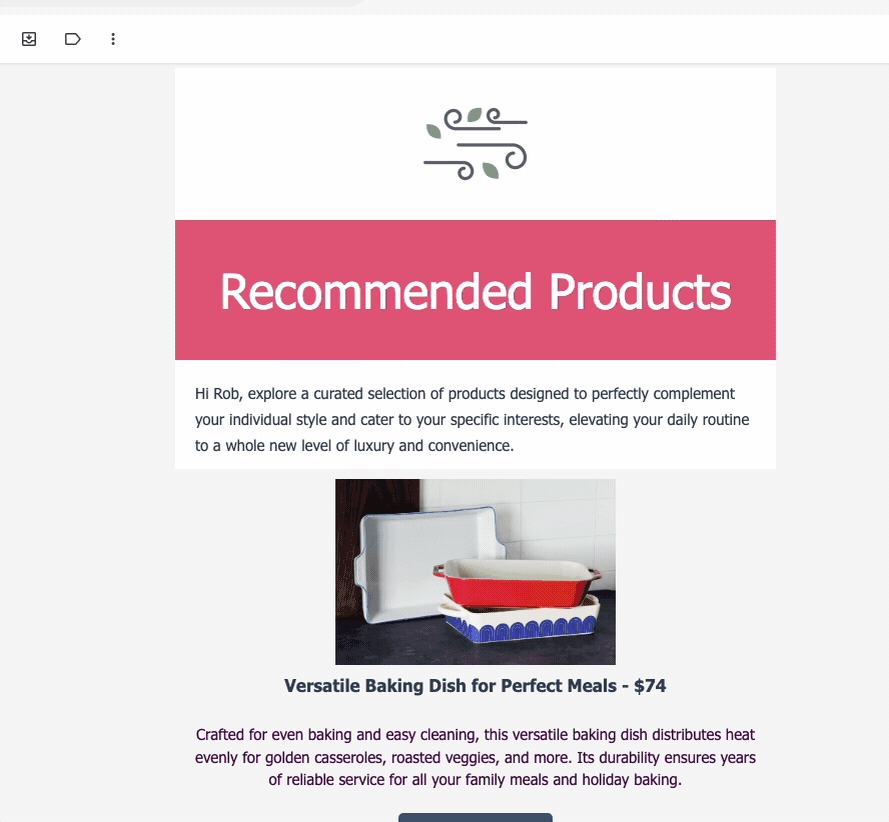 Example of dynamic personalized email with product recommendations