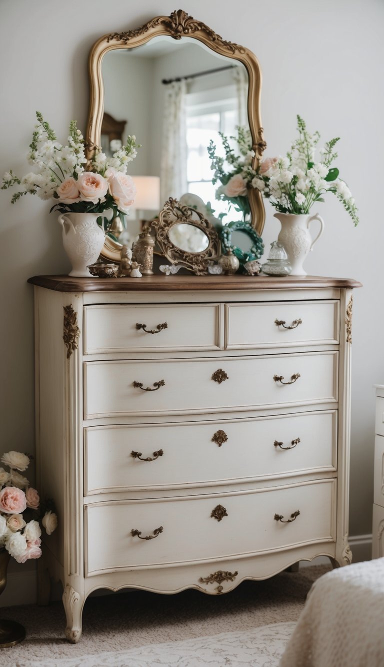 A vintage shabby chic dresser adorned with delicate trinkets and flowers in a cozy guest bedroom