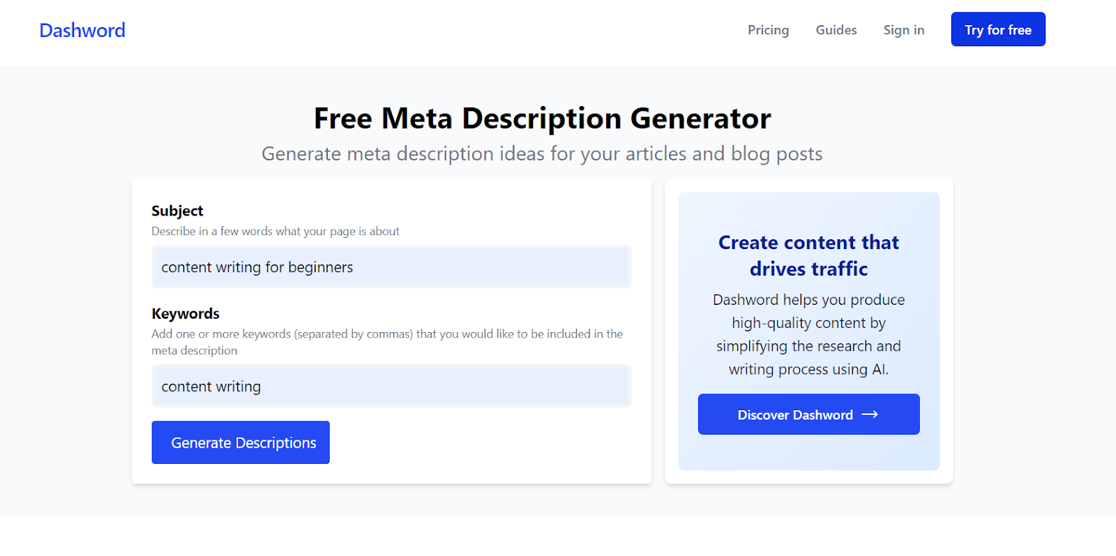 Dashboard — Free meta description generator