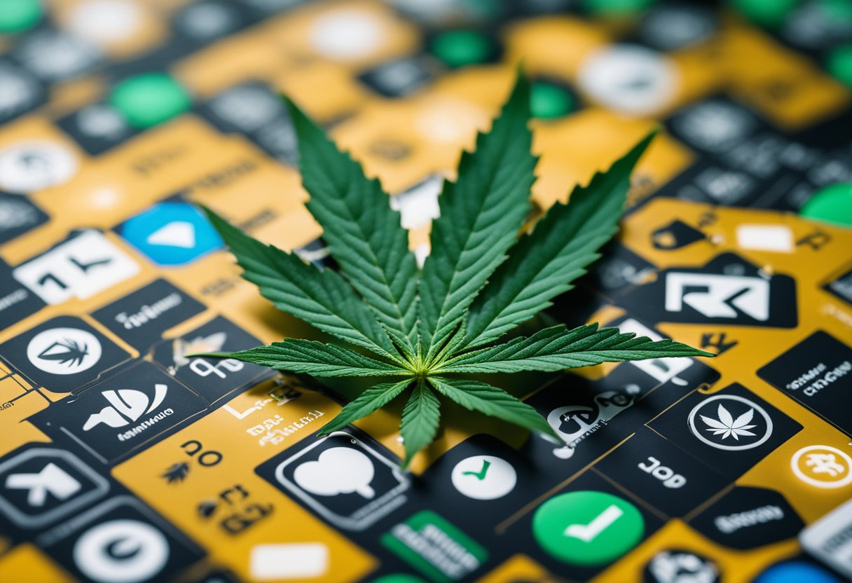 A cannabis leaf surrounded by search engine icons and a warning sign