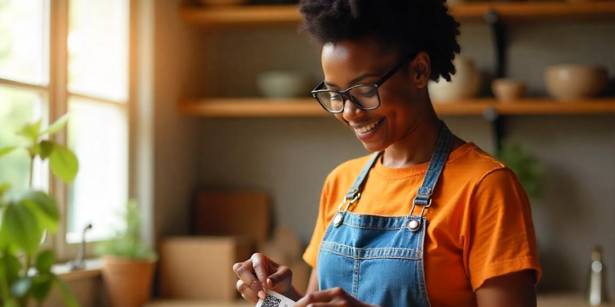 A woman with a QR Code tag.