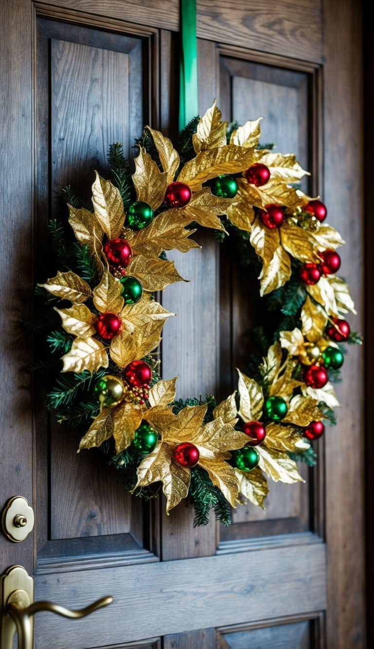 A lush gold leaf wreath adorned with red and green accents hangs on a rustic wooden door, creating a festive and welcoming holiday scene