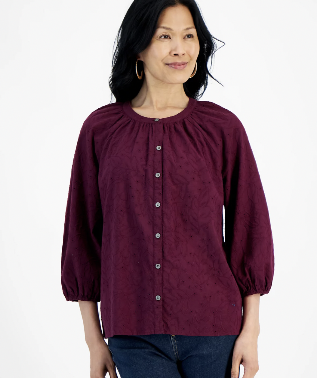 Style & Co Floral Embroidered Button Peasant Top, Created for Macy's