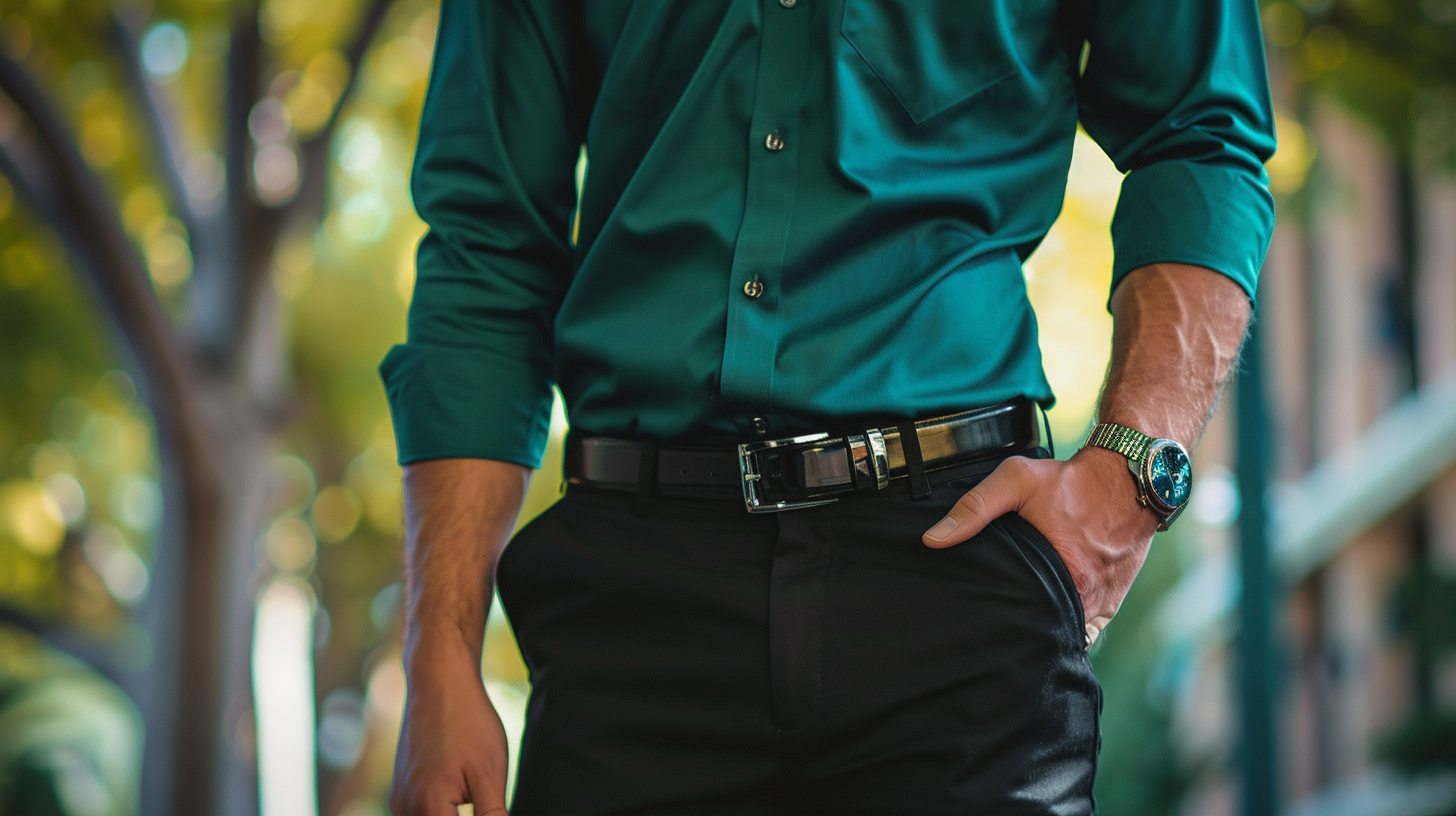 Bold man in a vibrant emerald green shirt with black fitted pants, sleek leather belt, urban or minimalist background, confident stance, modern semi-formal styling, slightly glossy finish on shirt, stylish accessories