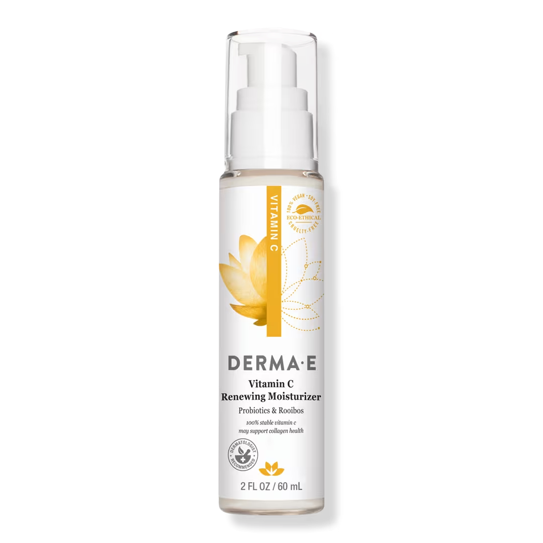 Derma E Vitamin C Radiance-Boosting Renewing Moisturizer in a sustainable jar, cruelty-free and vegan, formulated to brighten skin, reduce wrinkles, and protect with natural antioxidants.