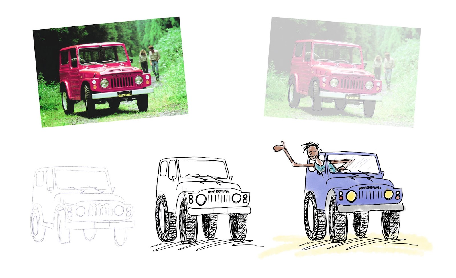 A process showing 5 images that demonstrate step by step the process of creating a sketch of a young man driving a jeep, and waving out the window, based on turning a photo into line art. The first image is a photo of a jeep, the second shows the opacity of photo being dropped to 30%. The third image shows an outline of the jeep in pencil. The fourth image shows an inked outline of the jeep, with larger wheels. The last image is the final illustration, with the driver and some colour added.