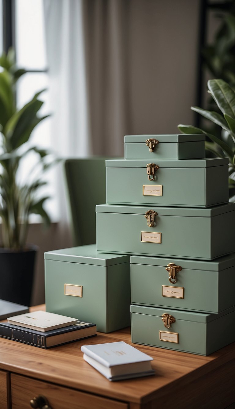 Sage green storage boxes neatly arranged in a serene bedroom setting