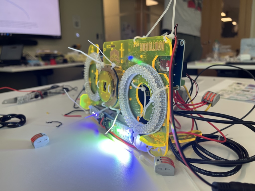 Photo of a Mothbox board with the attractor lights on.