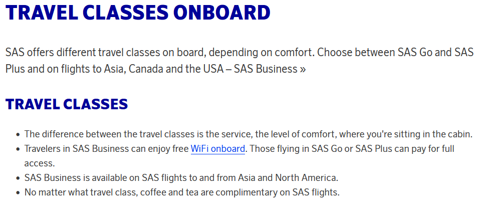 Scandinavian Airlines explanation of benefits of different travel classes.