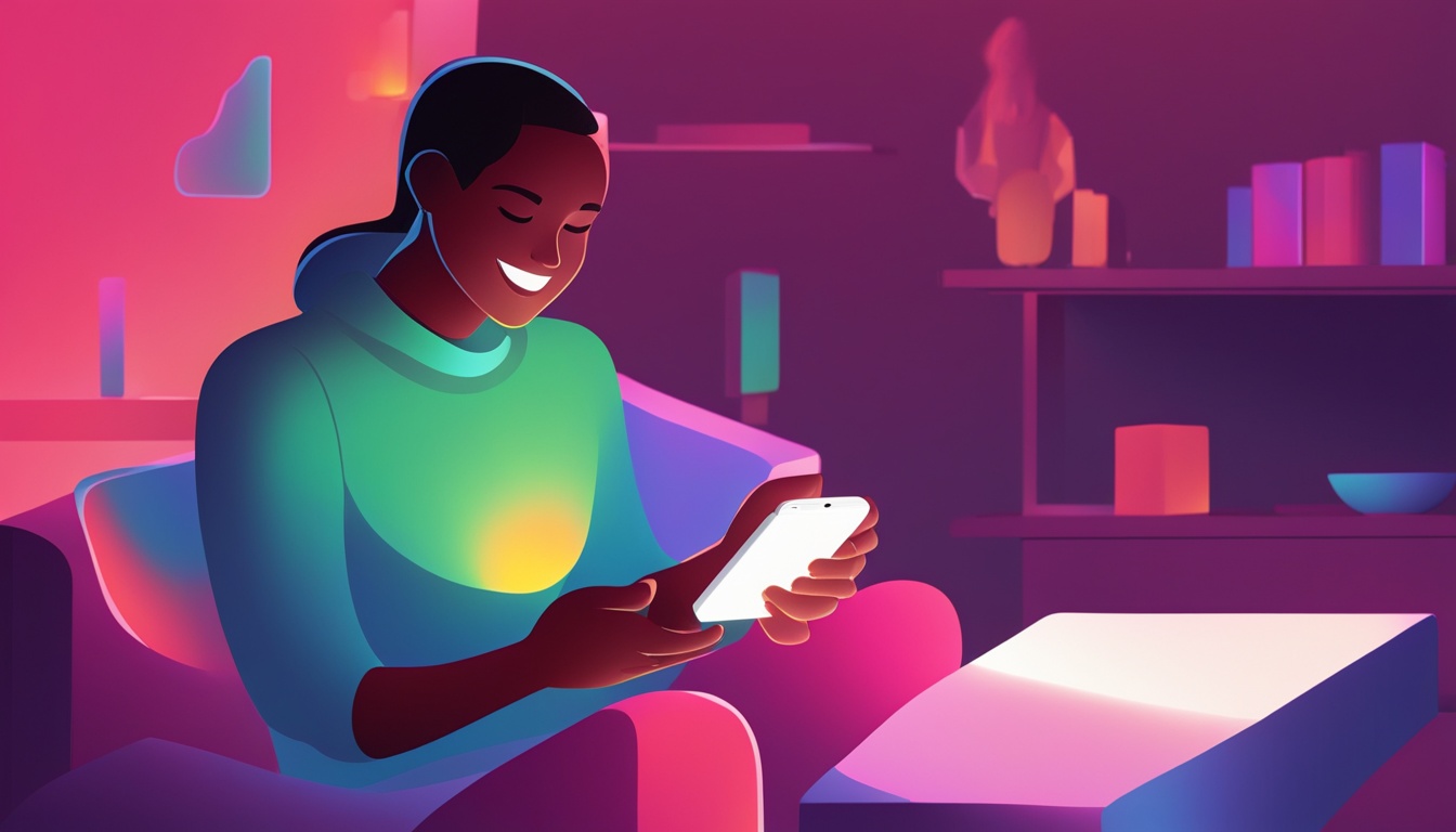 A person sitting on a couch with eyes closed, holding a phone in hand. The phone screen displays a blank chat conversation. Rays of light emanate from the phone, illuminating the person's face. The person has a smile on their face, indicating that they are visualizing a positive response.