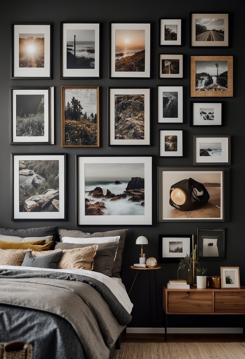 A bedroom wall adorned with a curated collection of framed artwork and photographs, creating a visually stunning and personalized gallery display