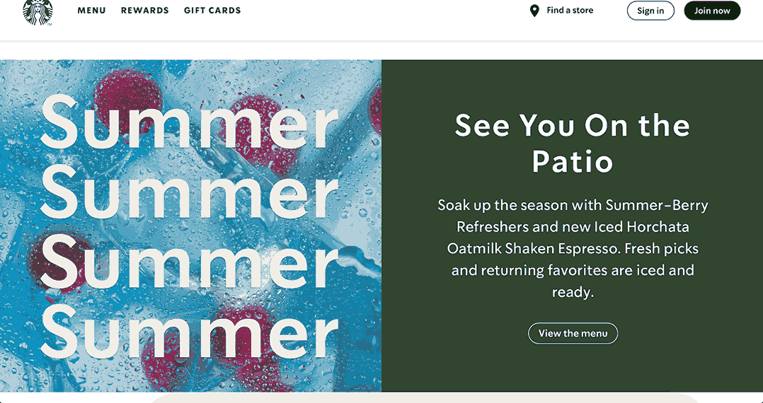A screenshot of Starbucks homepage 