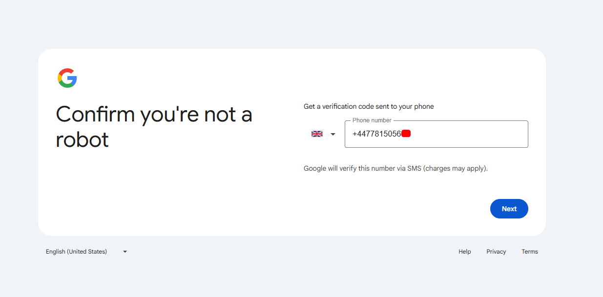 google registration - confirming number