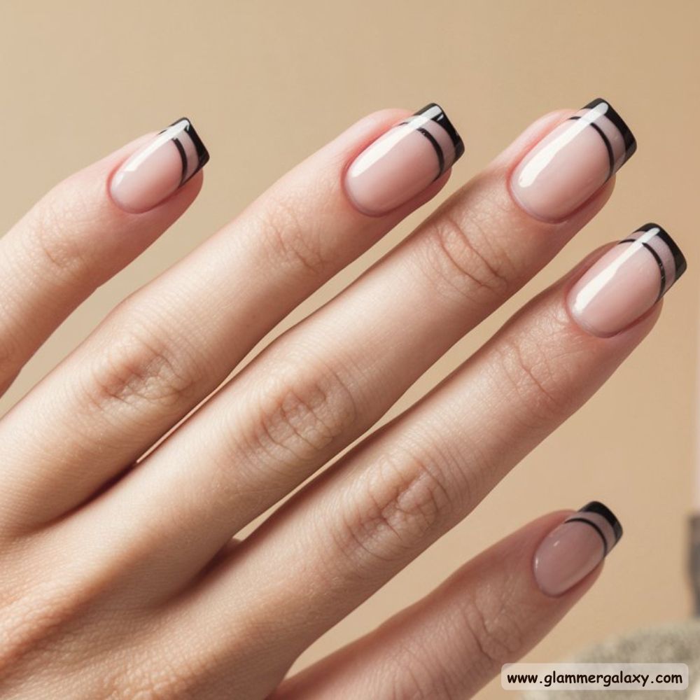Neutral Fall Nails having Slim Black French Lines
