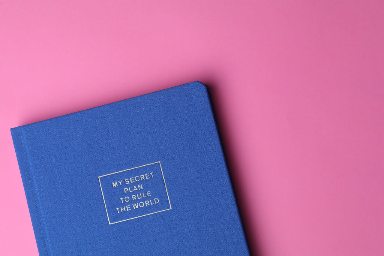 A book with a title "My Secret Plan To Rule The World" in a pink bakcground