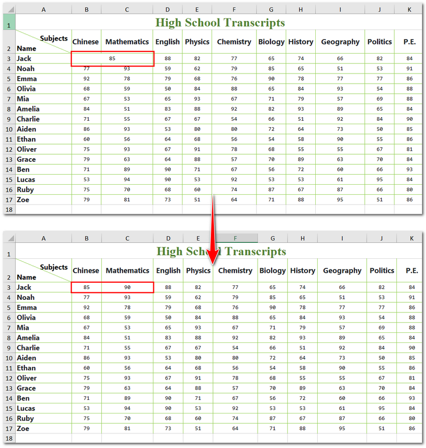 Before & After Spltting Cells in Excel