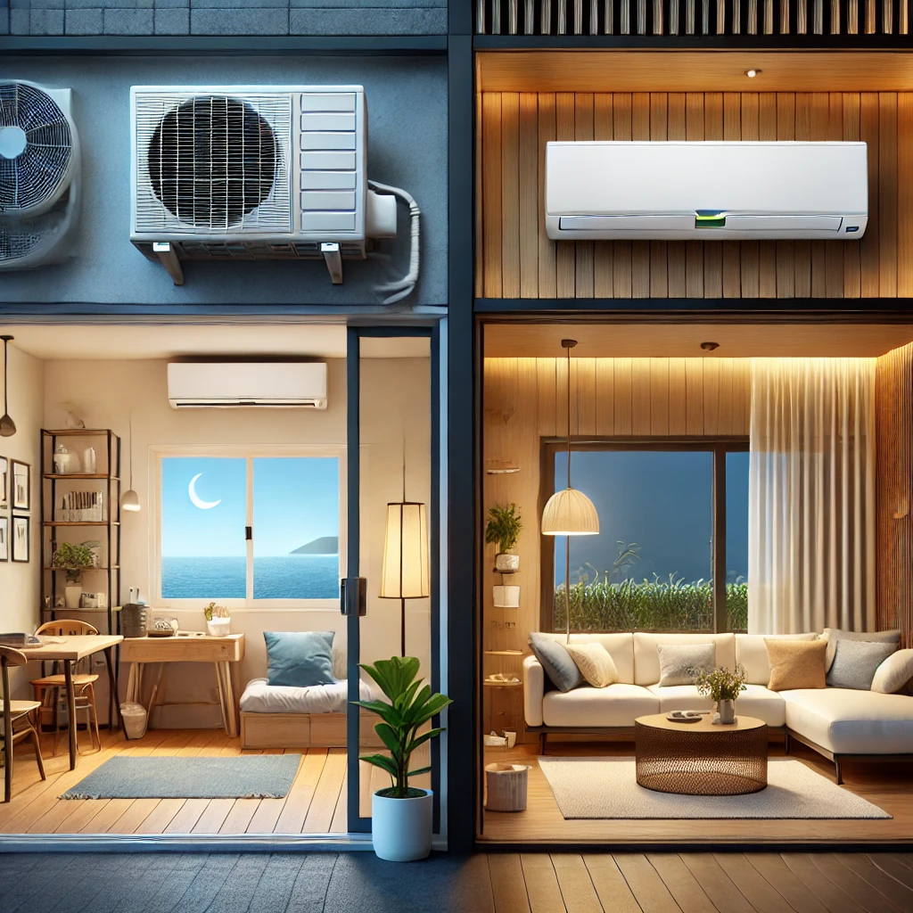 Side-by-side diagram showing window AC installation with sash and foam strips vs. wall AC mounted in a cut-out wall sleeve.