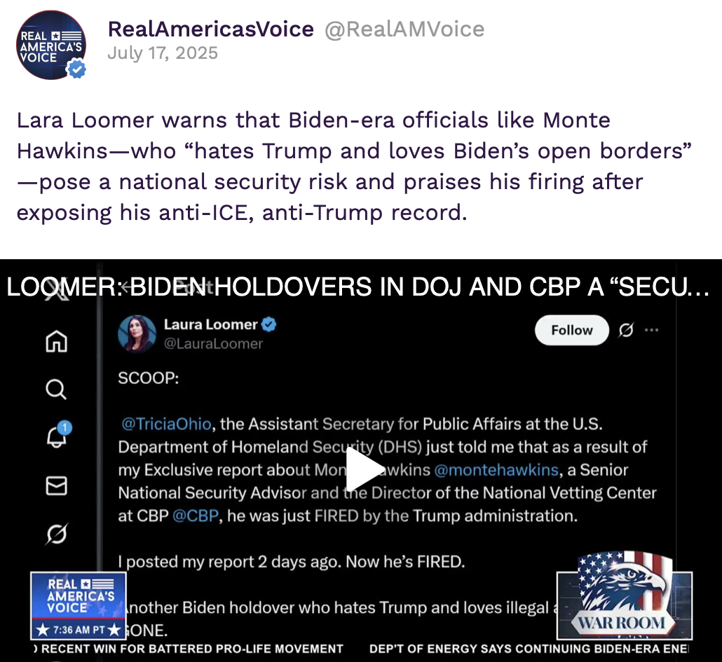 Real America's Voice headline: Monte Hawkins posed national security threat, fired after Loomer report