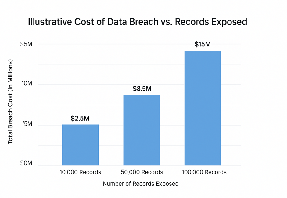 bar chart of average cost of a data breach rises exponentially with the number of records exposed