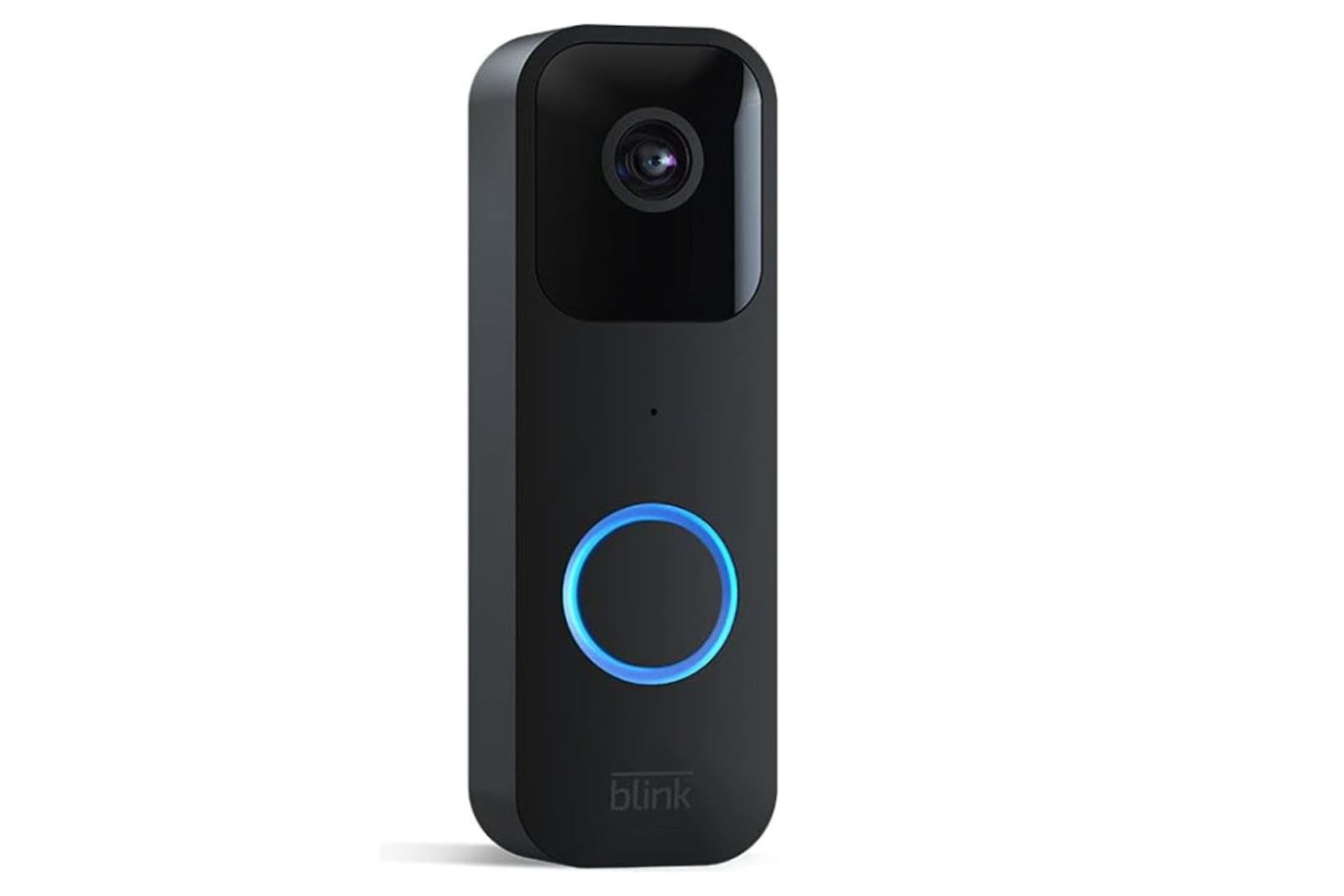 A black doorbell camera with a blue-ringed button