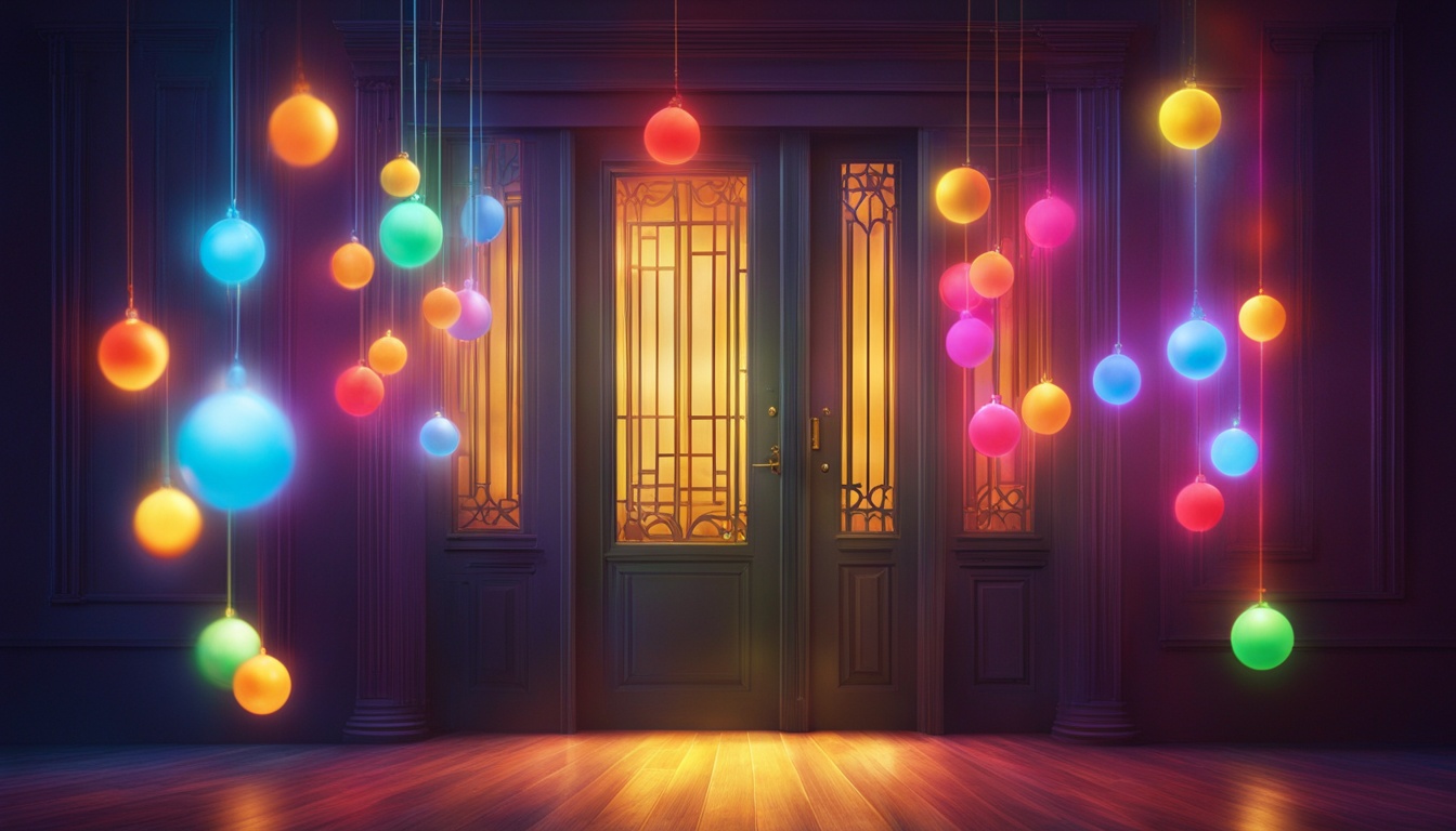 A series of colorful glowing orbs representing different emotions and desires floating towards a bright door with the word "Manifestation" written in bold letters above it. Each orb is connected to a person through a beam of light, symbolizing their unique desires being brought to life through manifestation techniques.