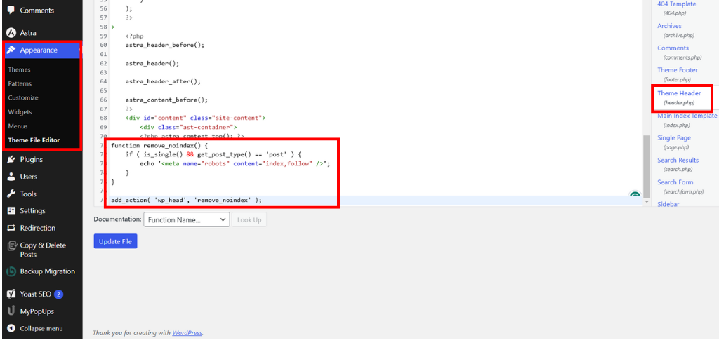 Edit Header.php to Fix No Index Function