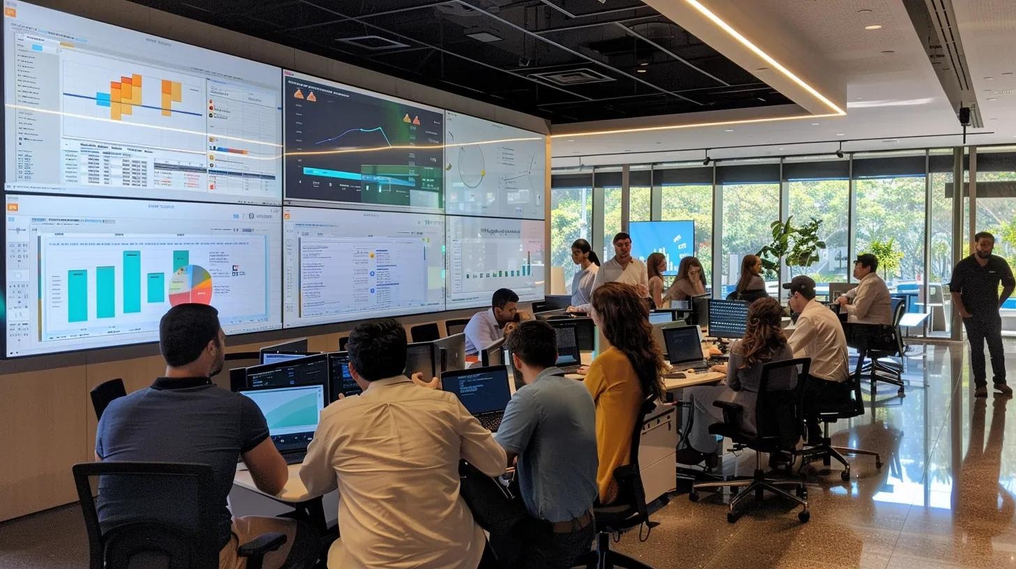 a sleek, modern office space in playa grande, featuring a large screen displaying user search analytics, surrounded by engaged professionals collaborating over digital marketing strategies, with an air of focused intensity and purpose.