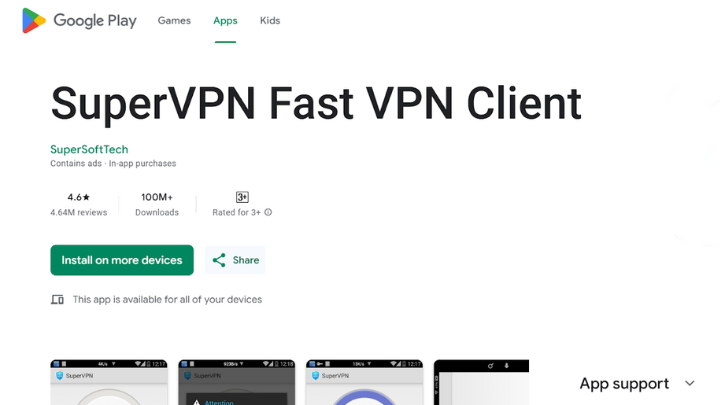 Play Store Screenshot Of SuperVPN App- A place to free Super VPN download for PC