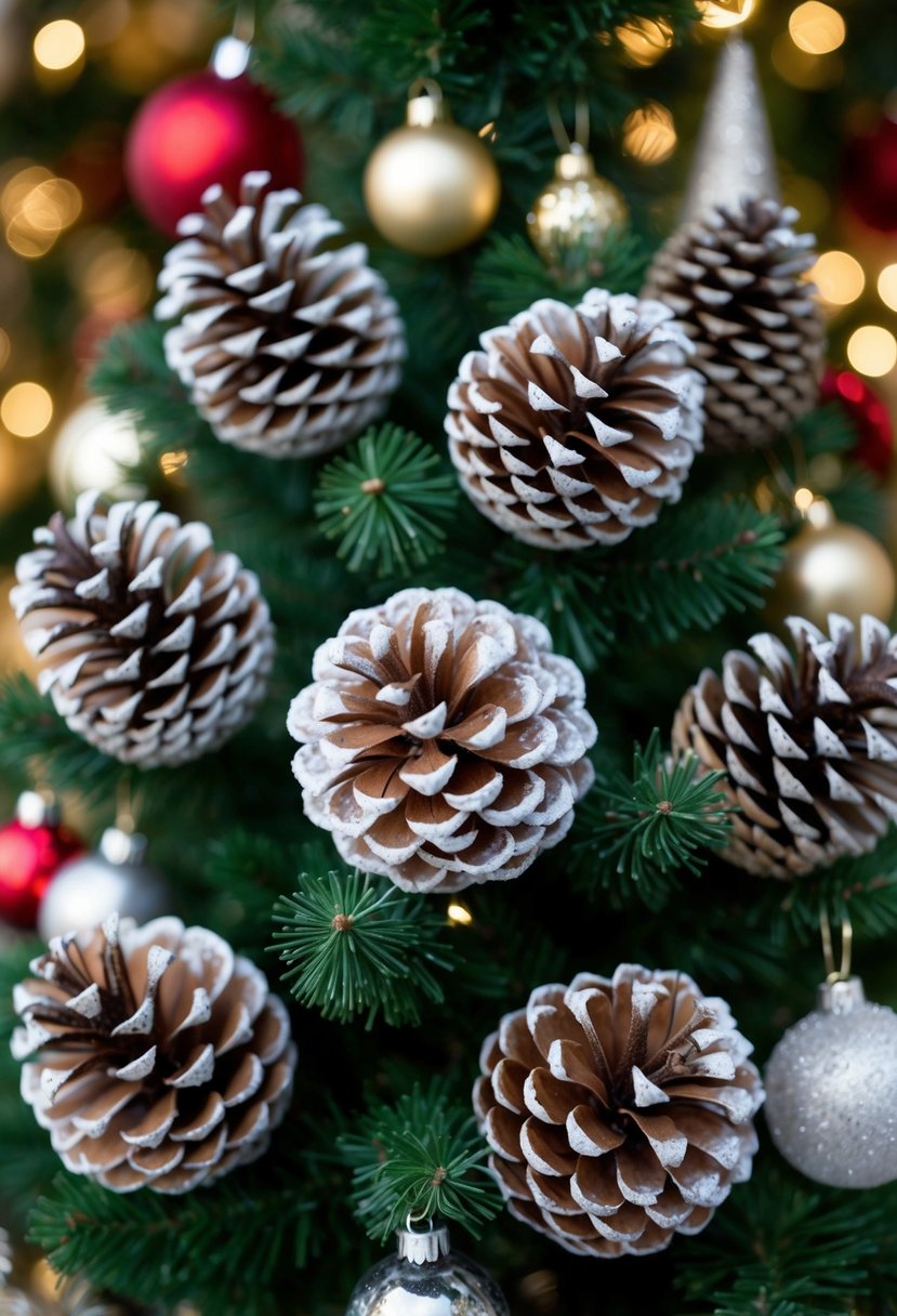 A collection of frosted pinecone picks arranged around a Christmas tree, surrounded by various festive decorations and ornaments