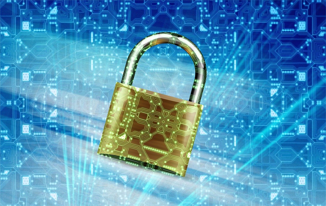 A digital image of a golden padlock with circuit patterns, set against a blue background with electronic circuit designs.