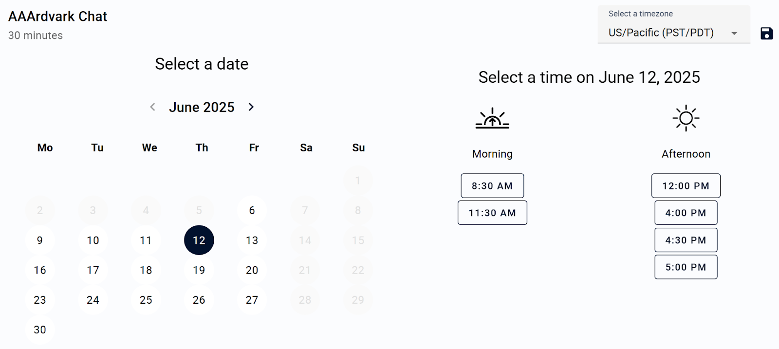 The image is displaying an SSA booking calendar
