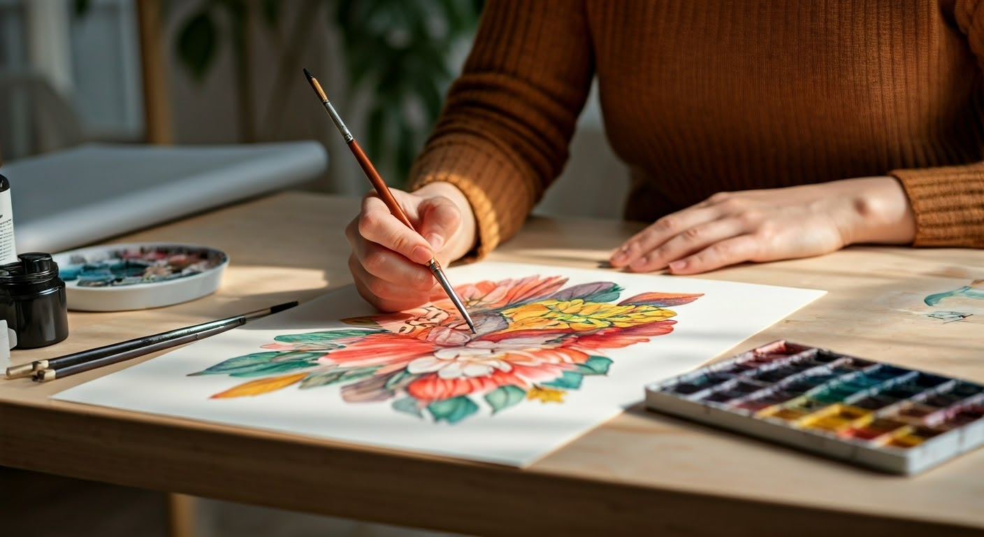 Artist creating artwork on archival paper.