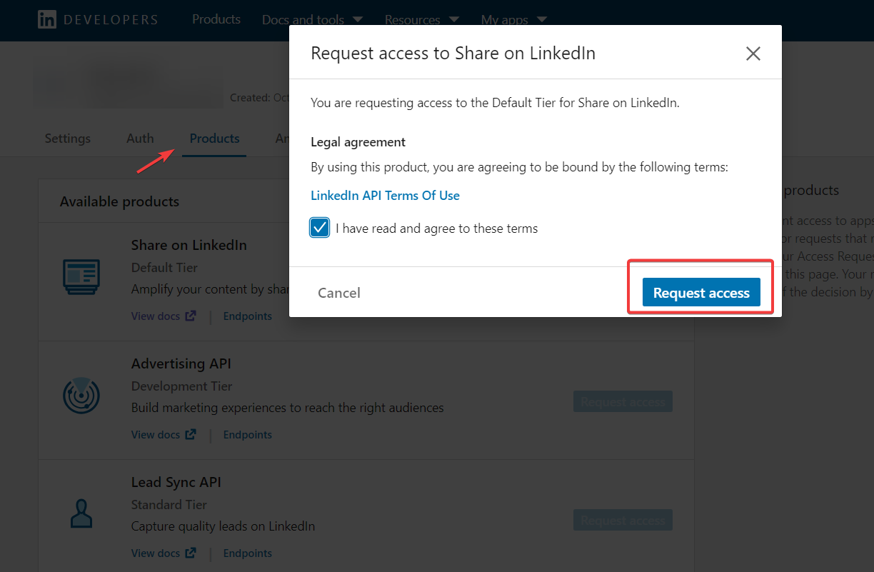 LinkedIn’s Developers page showing a modal window for requesting LinkedIn’s API access