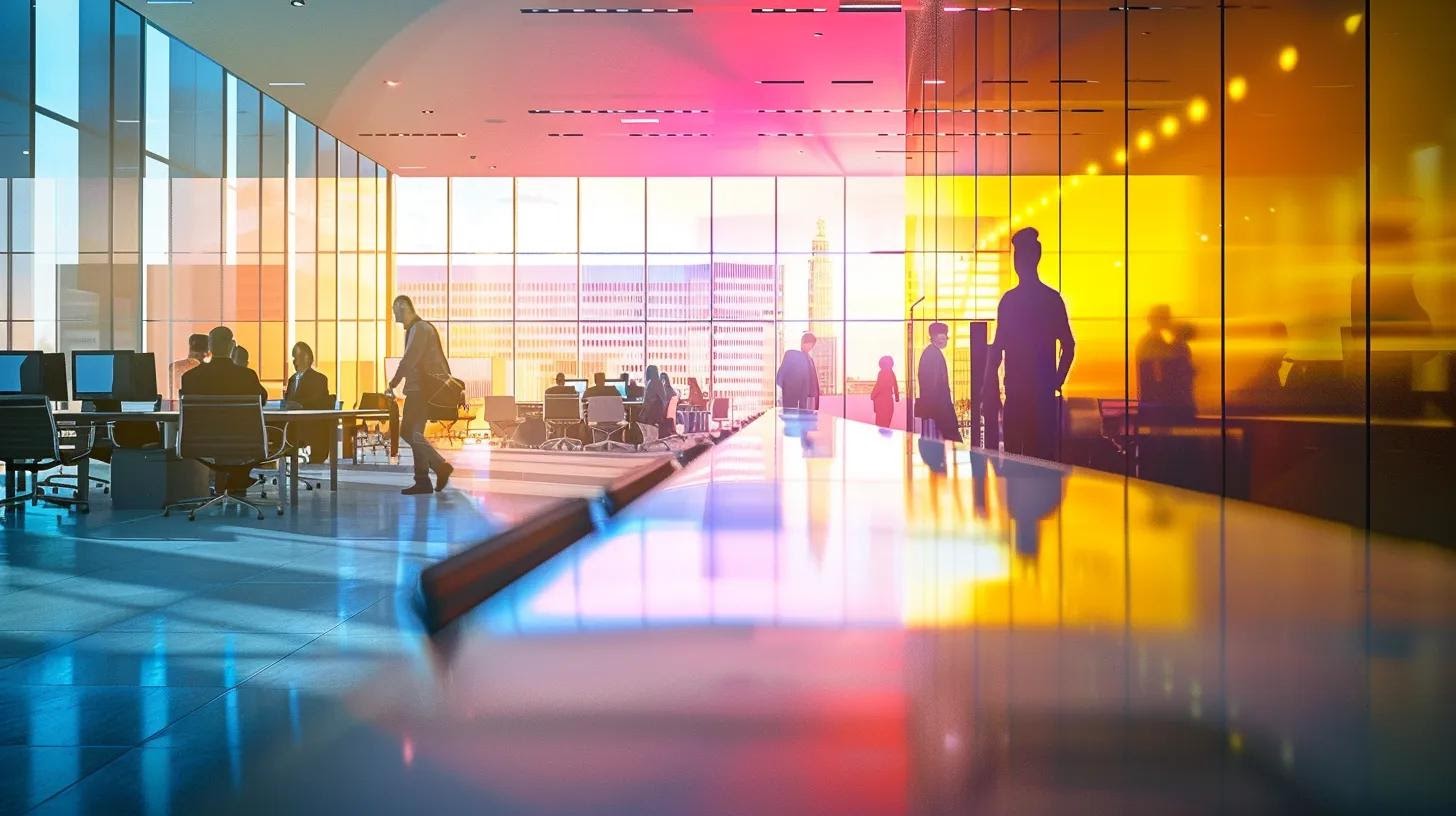 a sleek, modern office environment showcases a dynamic branding meeting, featuring vibrant digital displays and engaged professionals collaborating over strategic marketing plans.