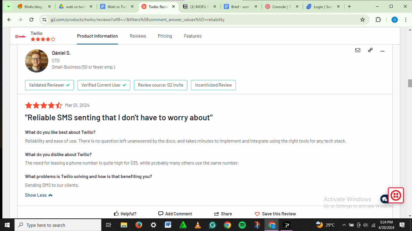 Customer's review on the reliability of Twilio.