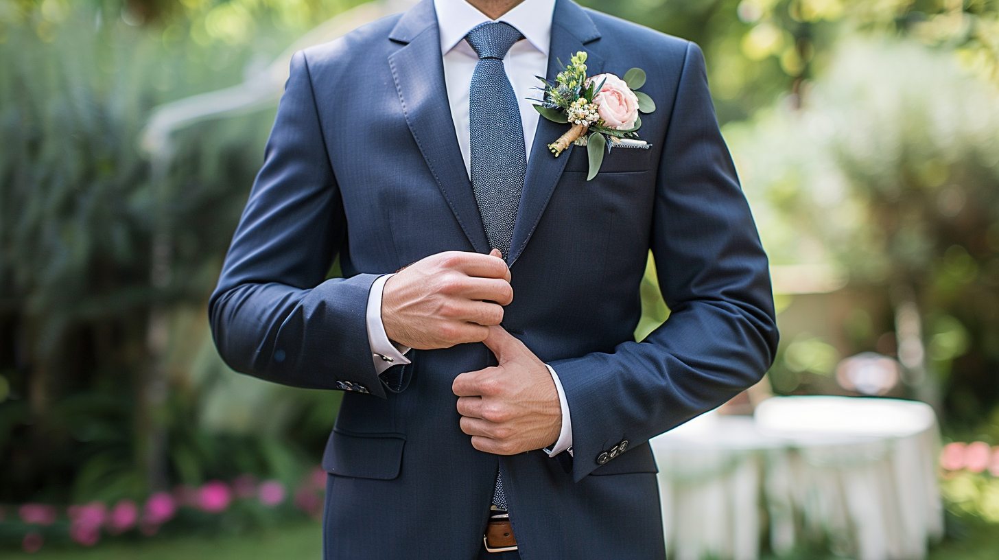 A man dressed in a summer formal wedding outfit: lightweight navy or charcoal suit in wool or cotton blend, crisp white or pale blue dress shirt, wearing a tie or bow tie, brown or black dress shoes, optional pocket square and elegant dress watch, standing at an outdoor wedding venue in soft summer daylight